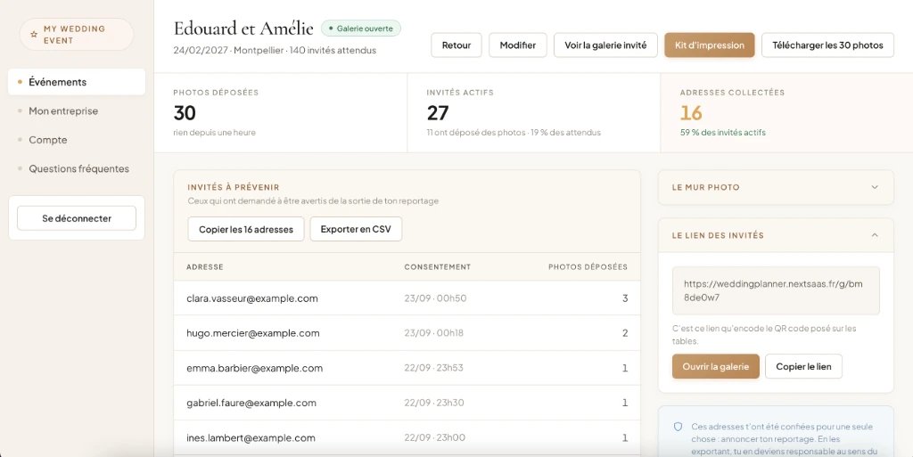 La console de gestion pour le mariage : photos partagées, invités actifs, coordonnées collectées et exportation en un clic.